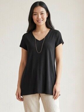 Pure Jill 100% Pima Cotton V-Neck SS Elliptical Tee, Black Oversized, Size XS
